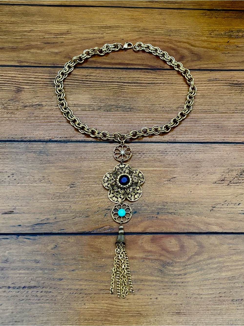 Gold-Tone Floral Filigree Pendant Necklace with Purple and Blue Accents